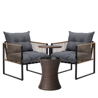 Outdoor Patio Set Ice Bucket Black & Brown Table Rattan Bistro Set 3pcs