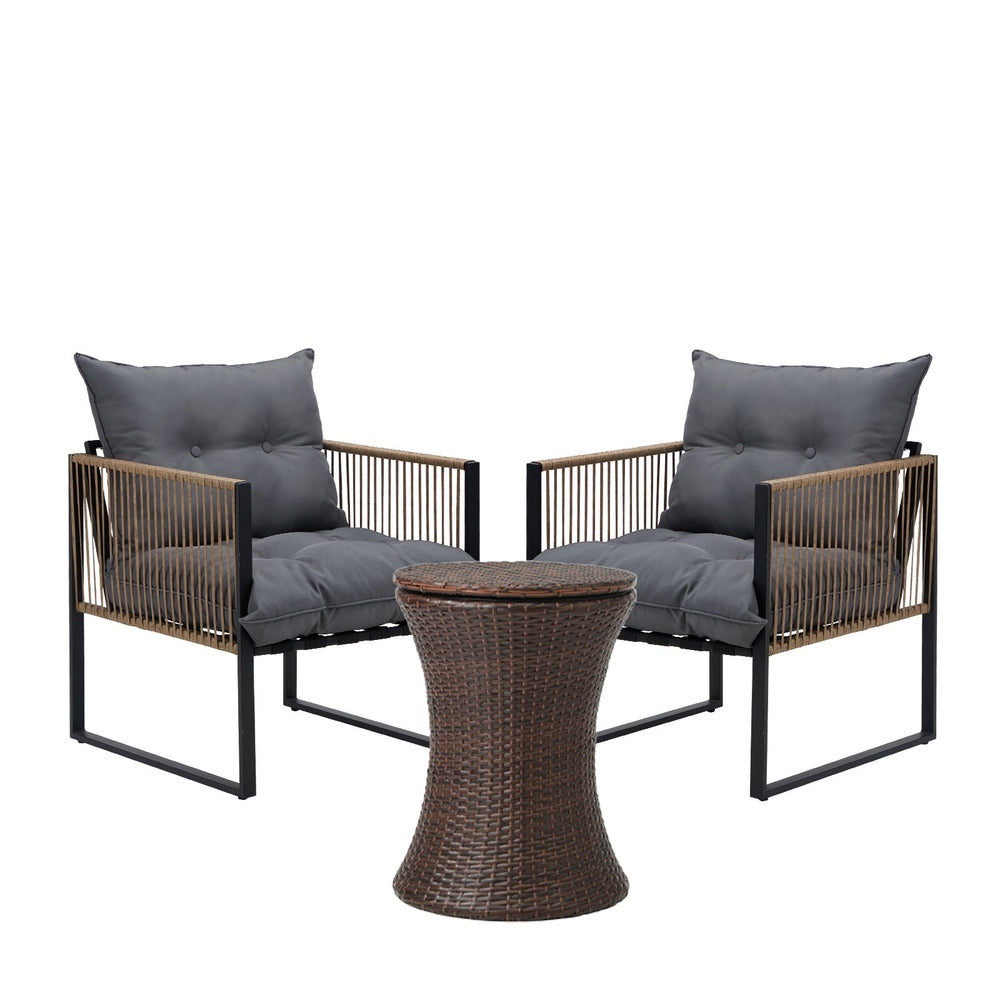 Outdoor Patio Set Ice Bucket Black & Brown Table Rattan Bistro Set 3pcs