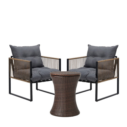 Outdoor Patio Set Ice Bucket Black & Brown Table Rattan Bistro Set 3pcs