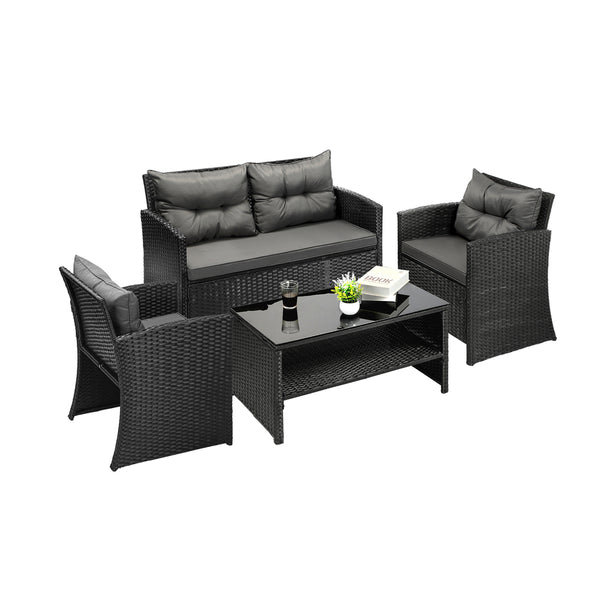  Outdoor Lounge Setting with a 4-Piece Wicker Sofa Chair Table Patio Set-Black\Grey