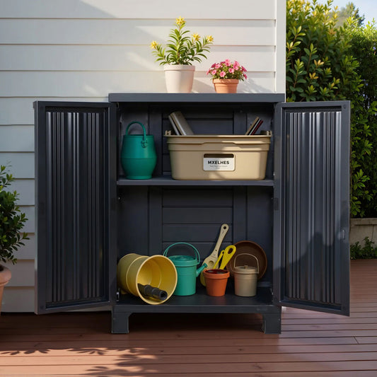 92Cm Outdoor Storage Cabinet Box Lockable Cupboard Sheds Garage Black