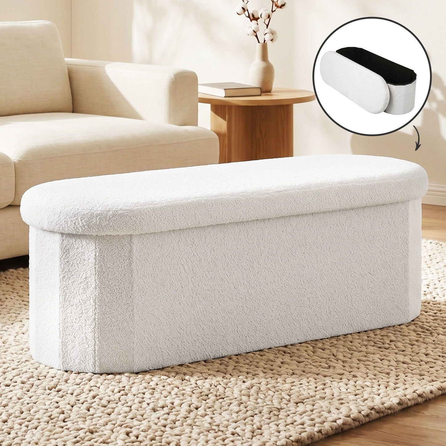 Boucle Storage Ottoman Foldable Foot Stool White | HomeAndLi