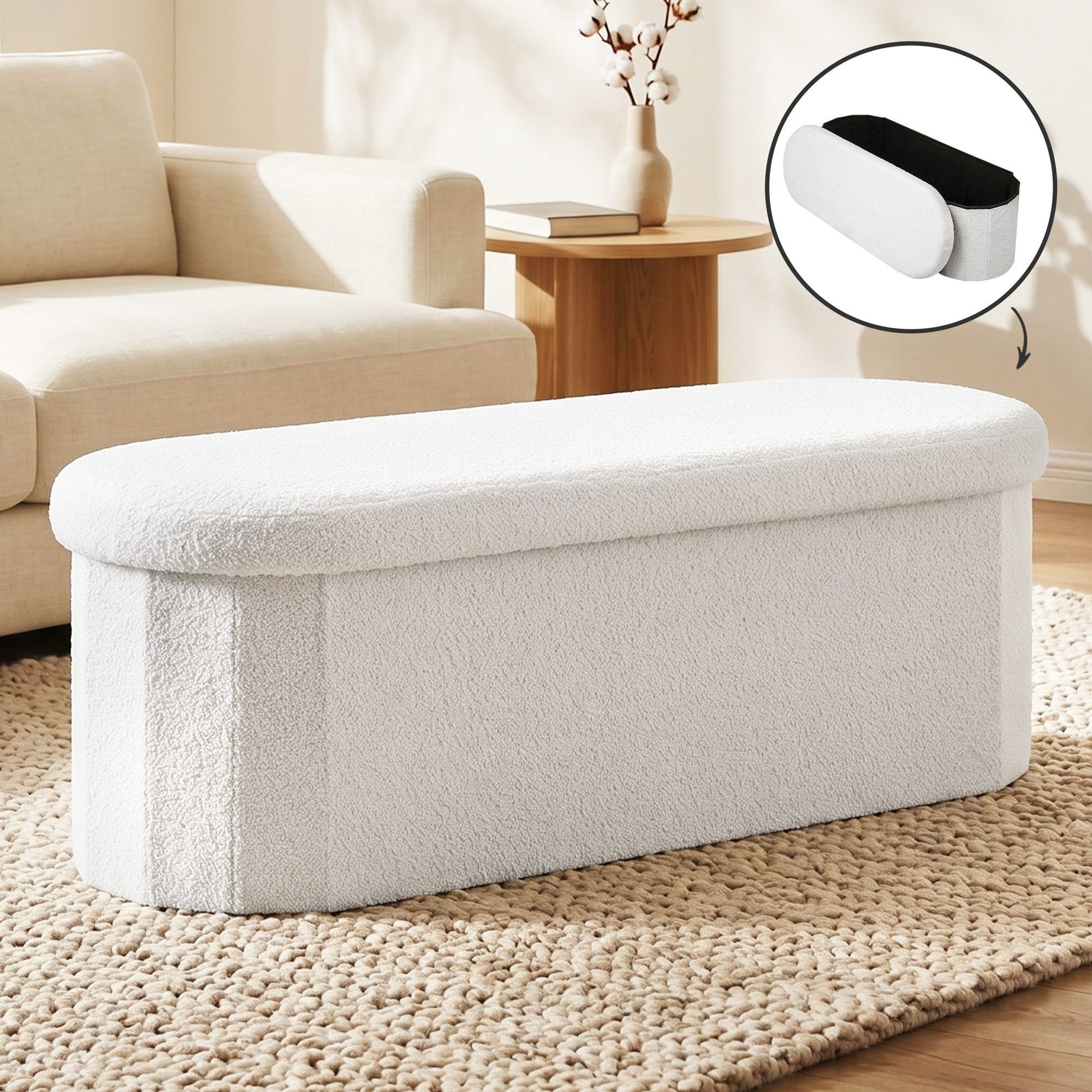 Boucle Storage Ottoman Foldable Foot Stool White | HomeAndLi