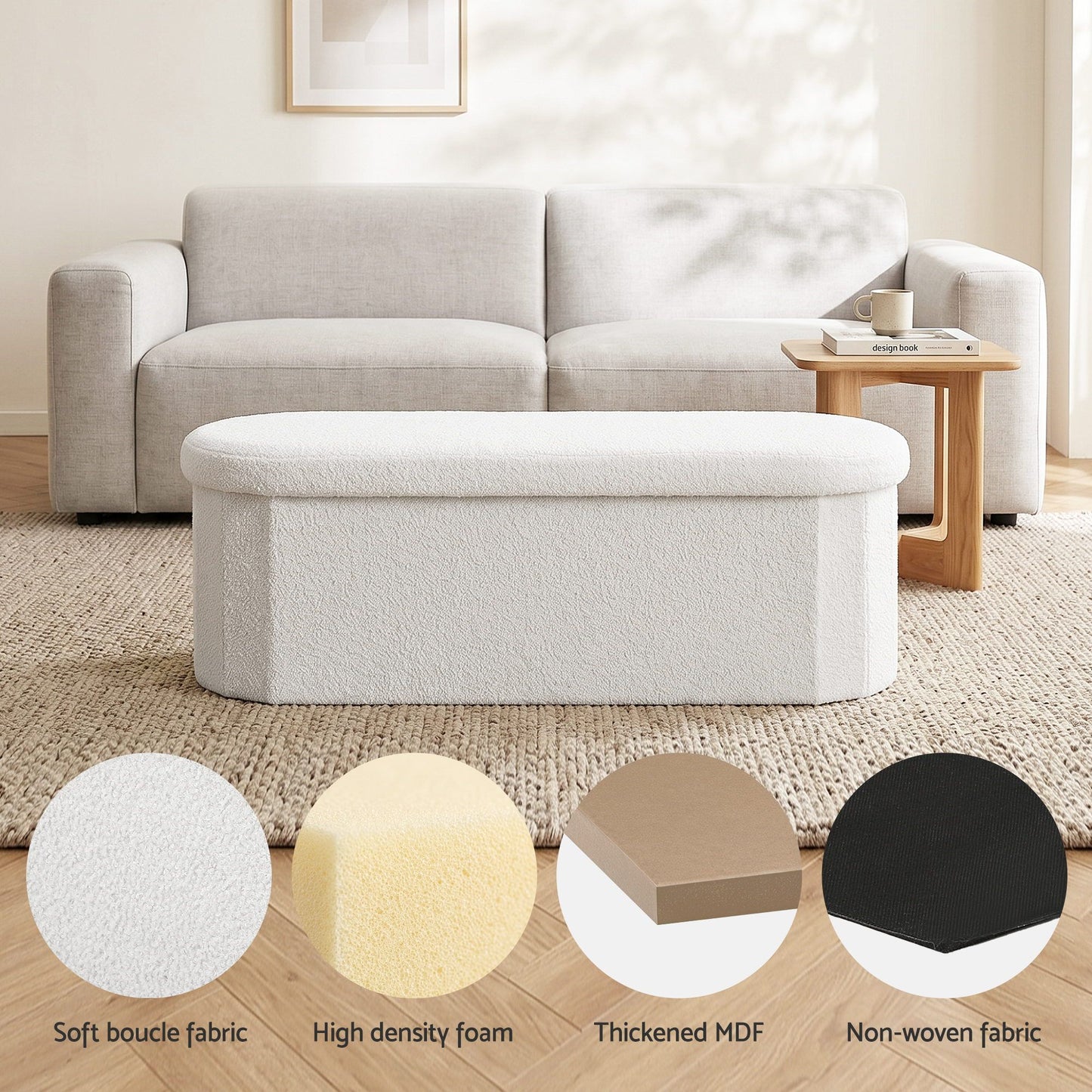 Boucle Storage Ottoman Foldable Foot Stool White | HomeAndLi - 6