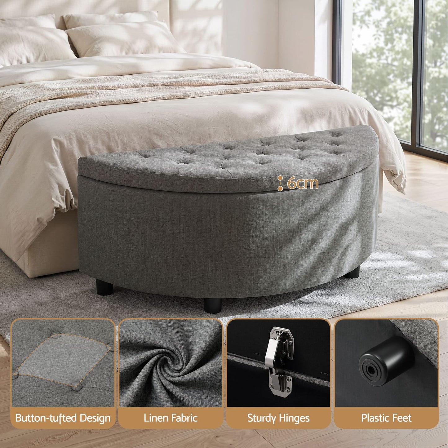 Grey Linen Ottoman Bench 110x41x46cm