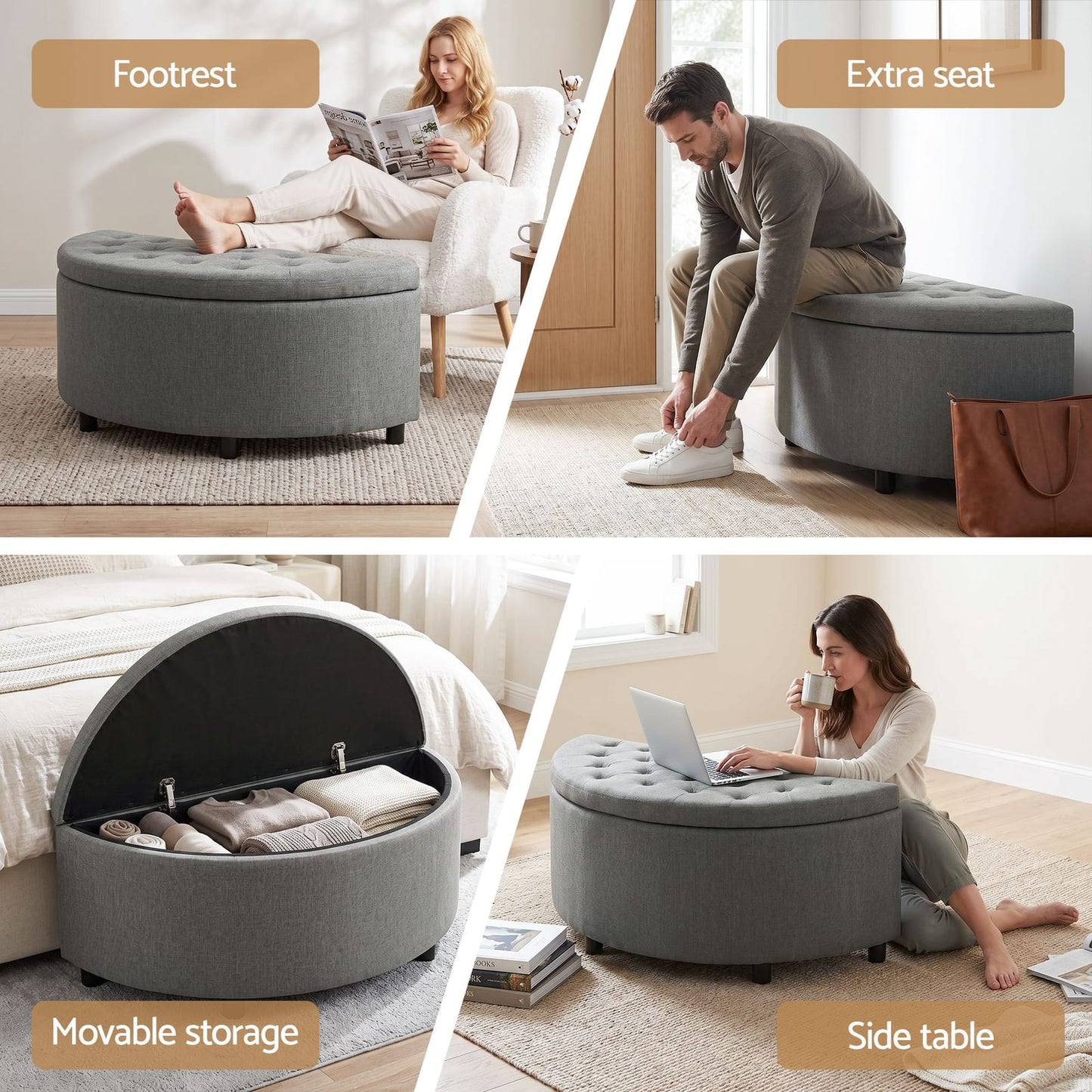 Grey Linen Ottoman Bench 110x41x46cm