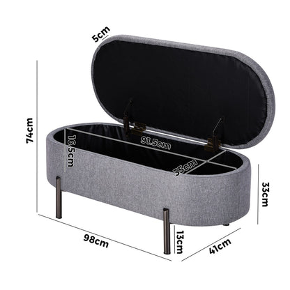 Storage Ottoman Bench Oval Blanket Linen Grey