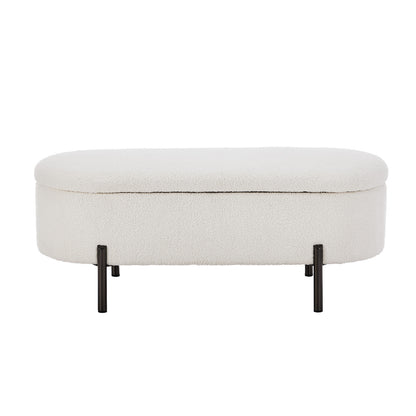 Storage Ottoman Bench Oval Blanket Linen Grey