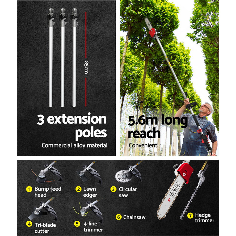 62Cc Pole Chainsaw Hedge Trimmer Brush Cutter Whipper 7-In-1 5.6M Red