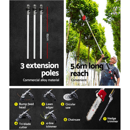 62Cc Pole Chainsaw Hedge Trimmer Brush Cutter Whipper 7-In-1 5.6M Red