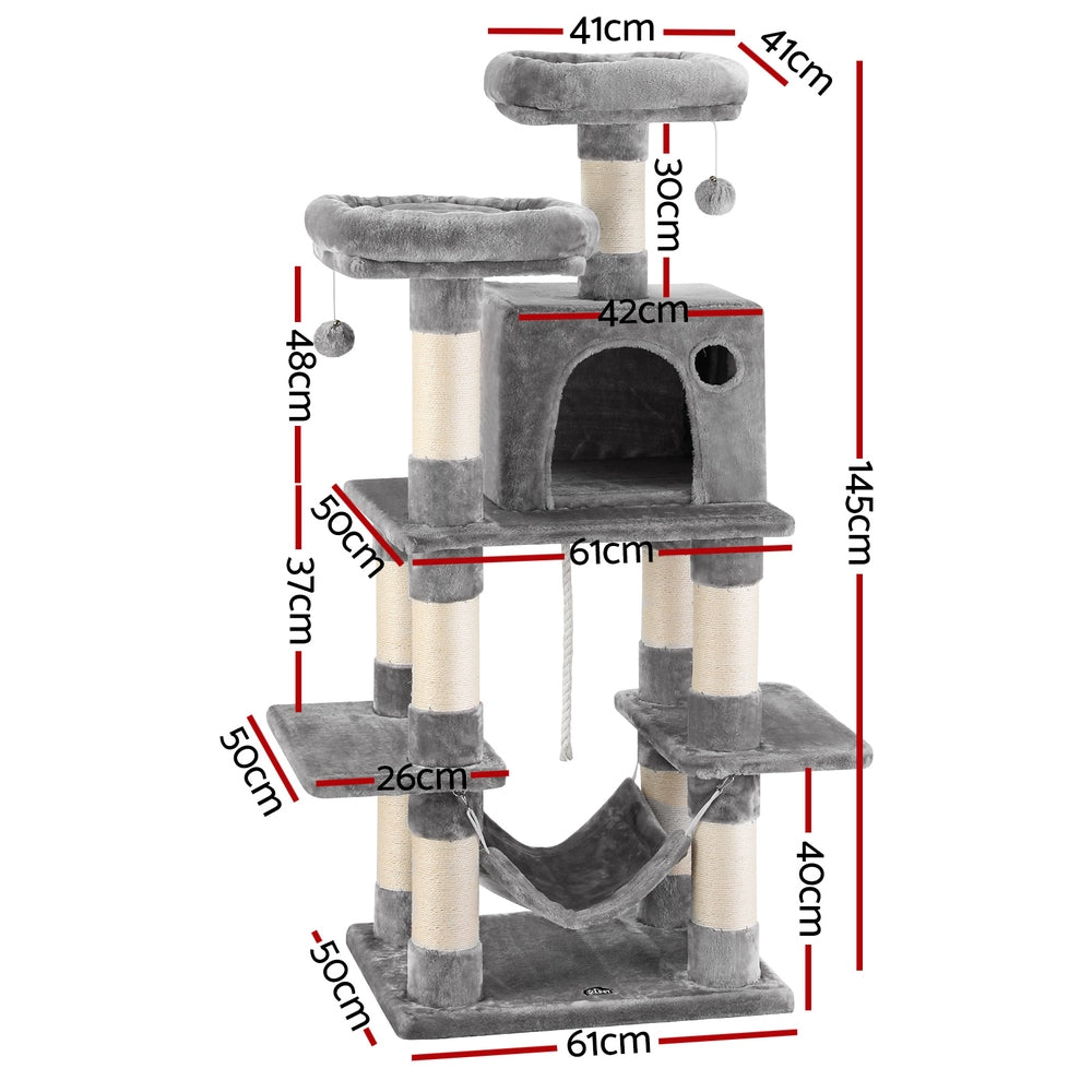 Cat Tree 145cm Tower Scratching Post Trees Scratcher Condo House Light Grey