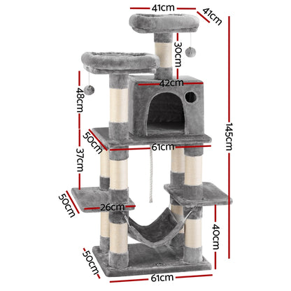 Cat Tree 145cm Tower Scratching Post Trees Scratcher Condo House Light Grey