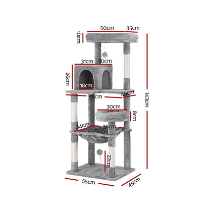 Sleek Cat Tree Tower with Scratching Posts - Grey 143cm