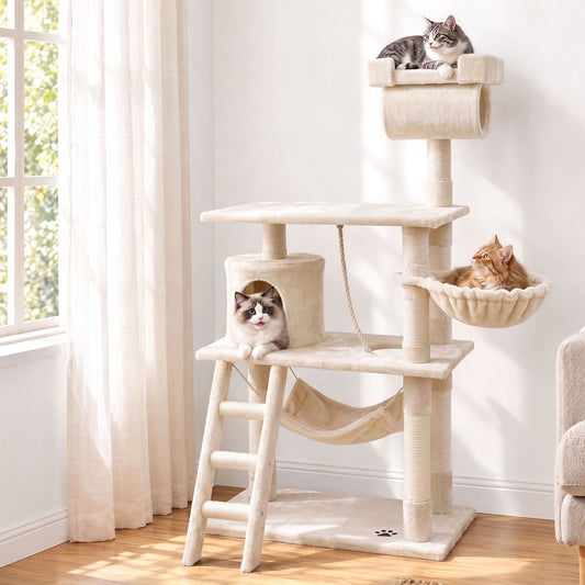 i.Pet Cat Tree 141cm Tower Scratching Post Scratcher Condo Wood House Bed Beige