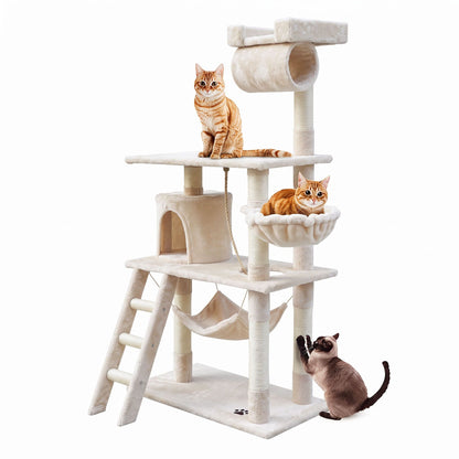 i.Pet Cat Tree 141cm Tower Scratching Post Scratcher Condo Wood House Bed Beige