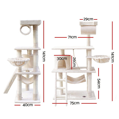 i.Pet Cat Tree 141cm Tower Scratching Post Scratcher Condo Wood House Bed Beige