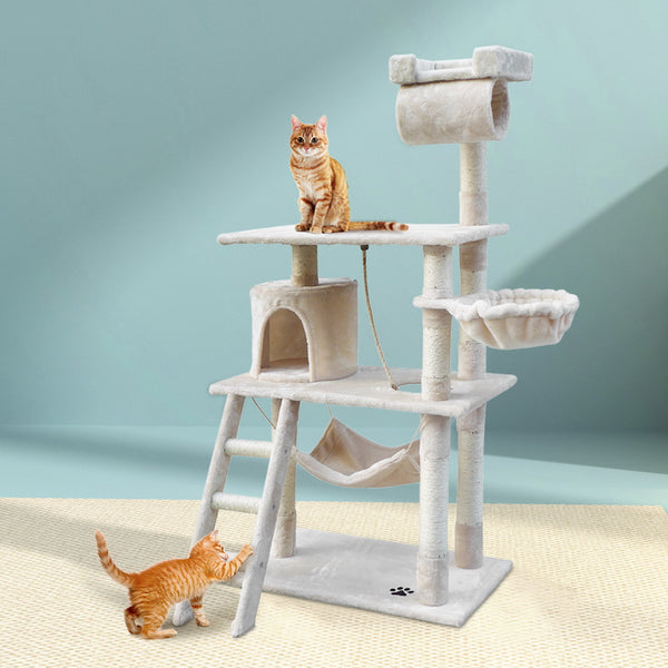  Cat Tree 141Cm Tower Scratching Post Scratcher Wood House Bed Beige