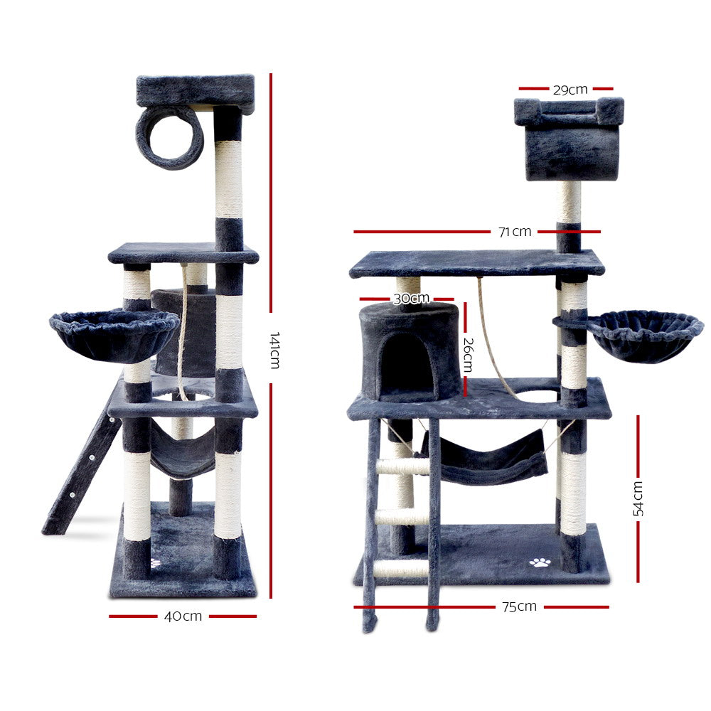 Durable Cat Tree Tower with Scratching Posts - Grey 141cm