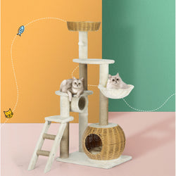 Cat Tree 138Cm Tower Scratching Post Scratcher Wood Bed Condo House Rattan Ladder