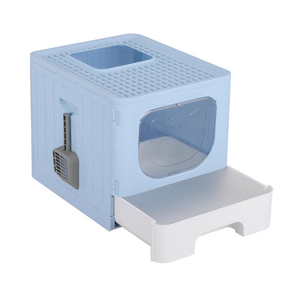 Cat Litter Box Large Tray Kitty Toilet Enclosed Hooded Foldable Scoop Blue