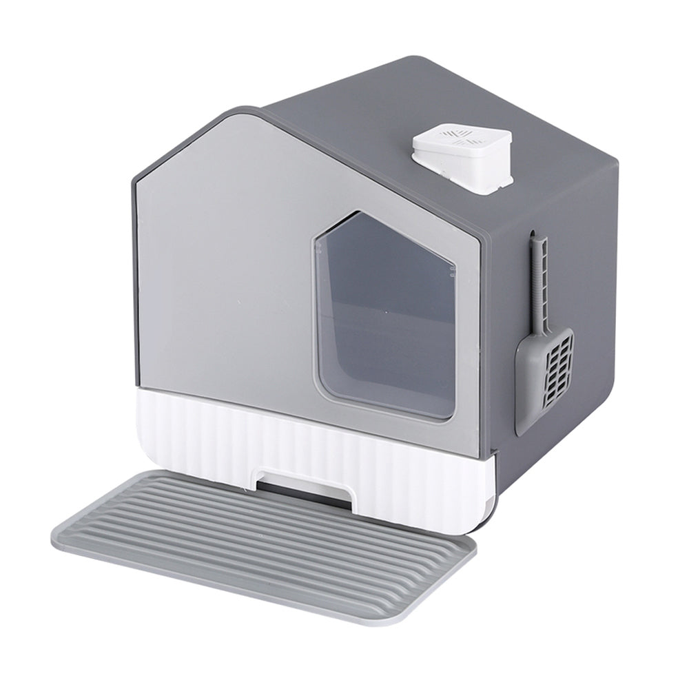Cat Litter Box Large Tray Kitty Toilet Hooded Scoop Mat Grey