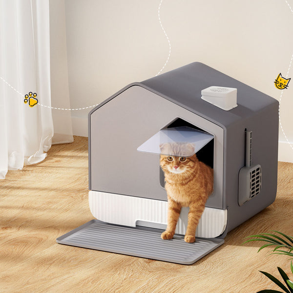  Large Cat Litter Box - Hooded Tray with Scoop & Mat, Grey