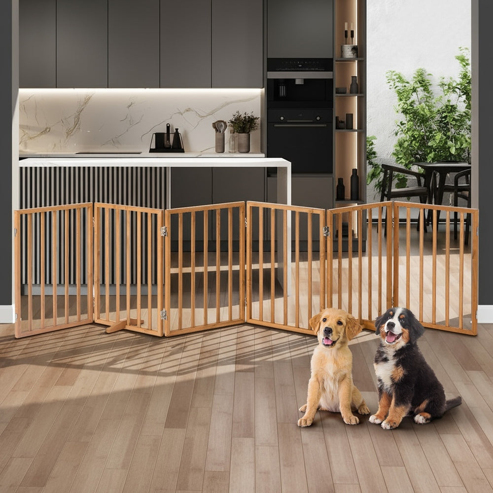 Alopet Wooden Pet Gate Dog Fence Indoor Stair Barrier 6 Panels Natural