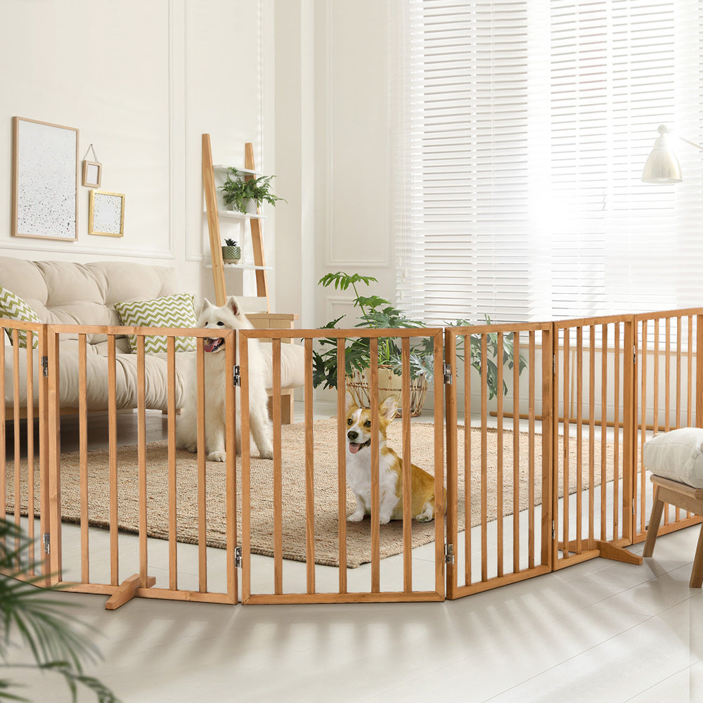 Alopet Wooden Pet Gate Dog Fence Indoor Stair Barrier 6 Panels Natural