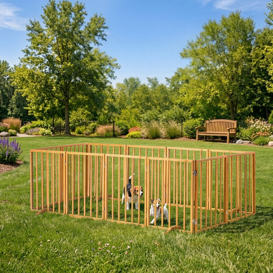 Wooden Pet Gate Dog Fence Playpen Barrier 12 Panels Natural