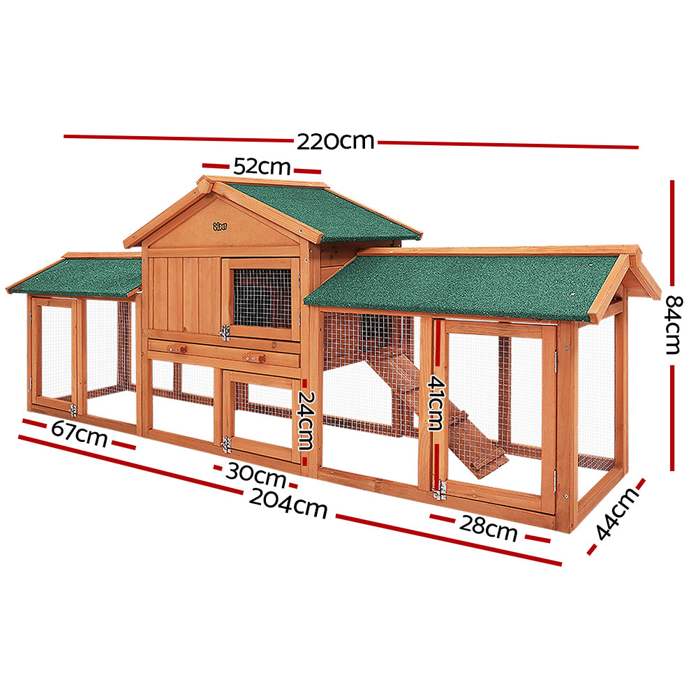 Chicken Coop Rabbit Hutch 220cm x 44cm x 84cm Large Run Wooden Outdoor Cage House