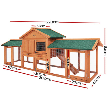 Chicken Coop Rabbit Hutch 220cm x 44cm x 84cm Large Run Wooden Outdoor Cage House