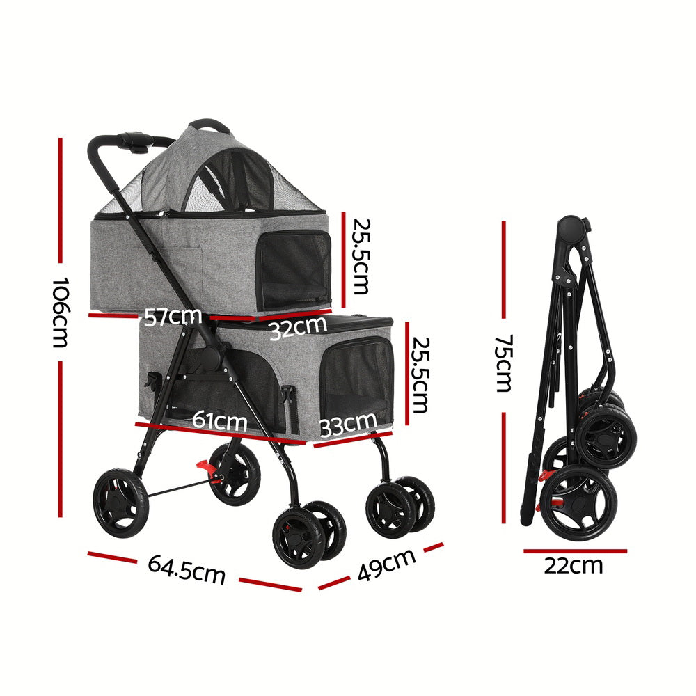 Pet Stroller 2-Tier Dog Pram Large Cat Carrier Travel Pushchair Foldable