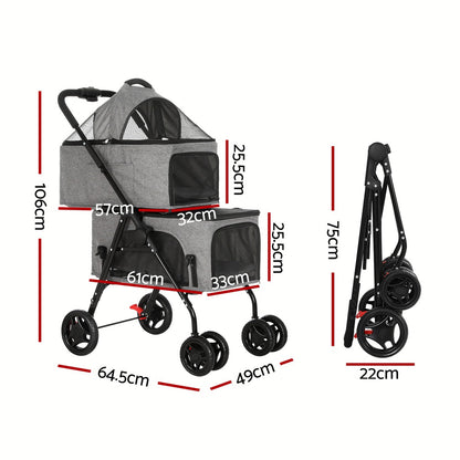 Pet Stroller 2-Tier Dog Pram Large Cat Carrier Travel Pushchair Foldable