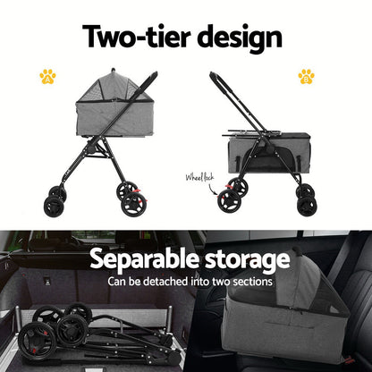 Pet Stroller 2-Tier Dog Pram Large Cat Carrier Travel Pushchair Foldable