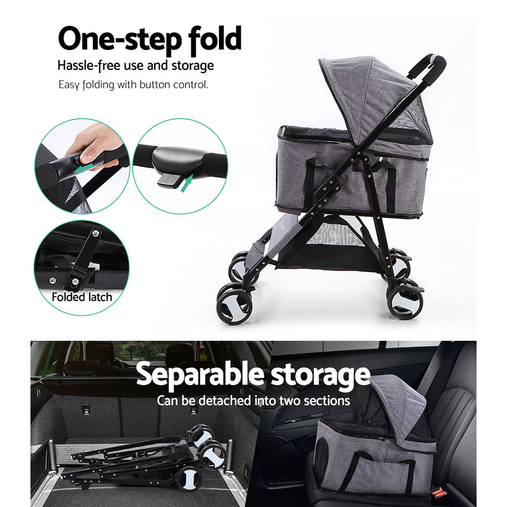 Pet Stroller Dog Pram Cat Carrier Travel Large Pushchair Foldable 4 Wheels Grey