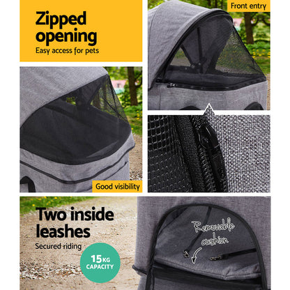 Pet Stroller Dog Pram Cat Carrier Travel Large Pushchair Foldable 4 Wheels Grey