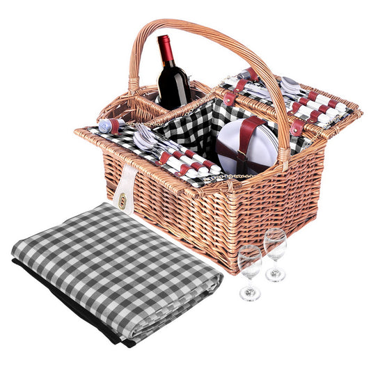4 Person Picnic Basket Set Insulated Outdoor Blanket Bag - 39×28×22cm