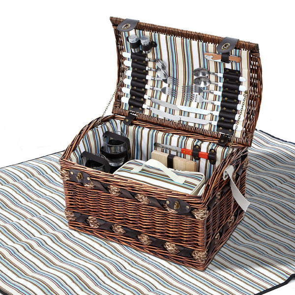  4 Person Picnic Basket Set Insulated Storage Blanket