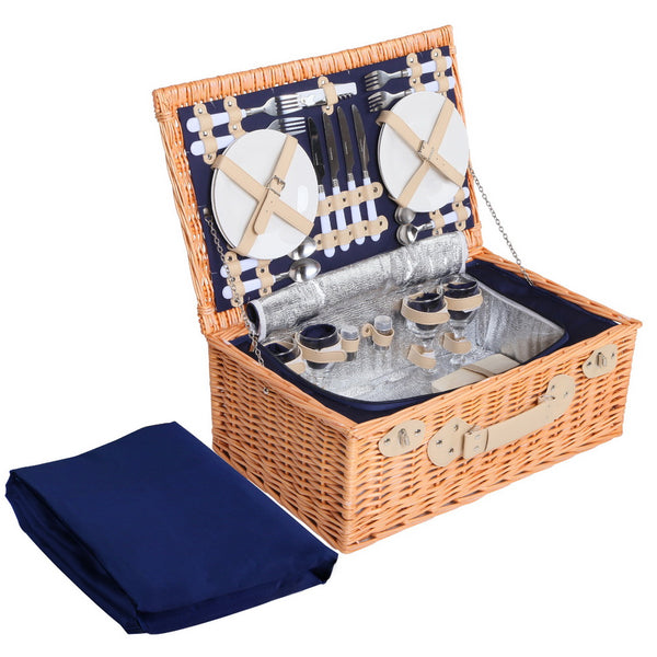  4 Person Picnic Basket Baskets Blue Deluxe Outdoor Corporate Blanket Park
