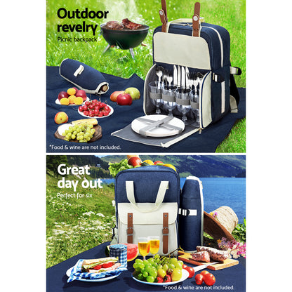 4 Person Picnic Basket Set Backpack Bag Insulated Blue