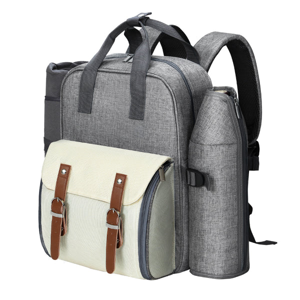  4 Person Picnic Basket Set Backpack Bag Insulated Grey