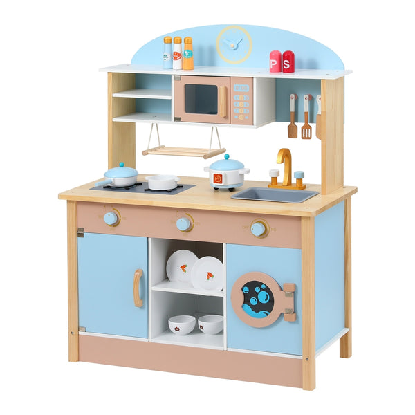  Kids Wooden Play Kitchen Set - Blue Cooking Toys