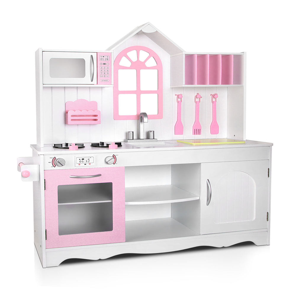Kids Wooden Kitchen Play Set With Storage Cabinet