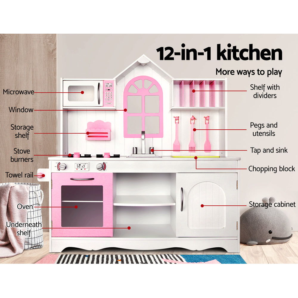 Kids Wooden Kitchen Play Set With Storage Cabinet
