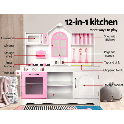 Kids Wooden Kitchen Play Set With Storage Cabinet