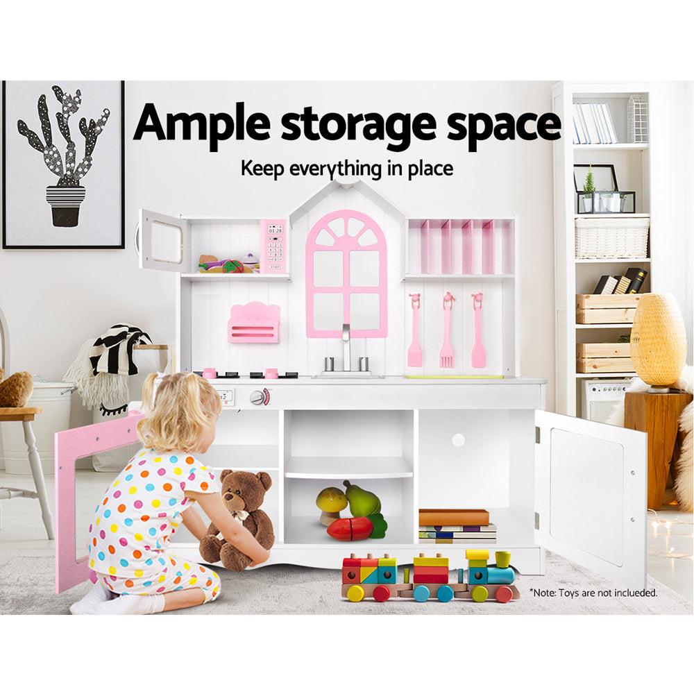 Kids Wooden Kitchen Play Set With Storage Cabinet