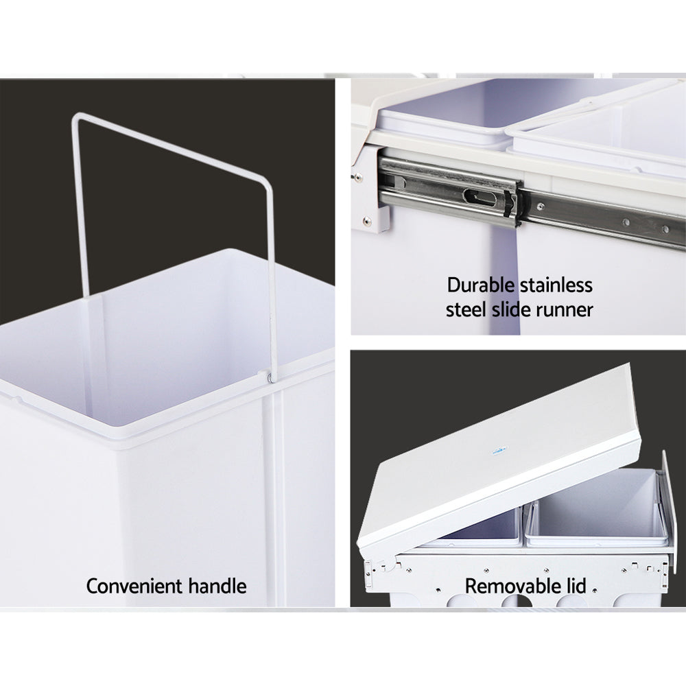 Pull Out Bin Kitchen Double Basket 2X15L White
