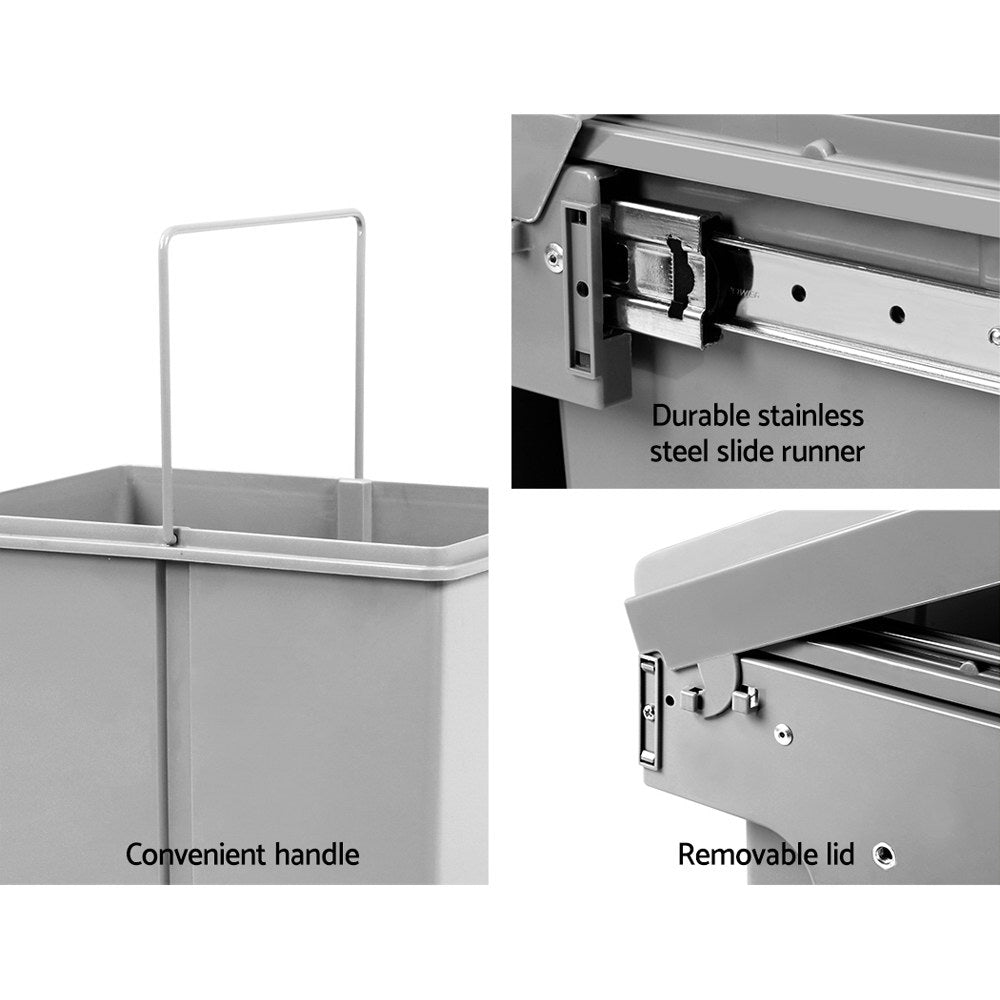 Pull Out Bin Kitchen Double Basket 2X20L Grey