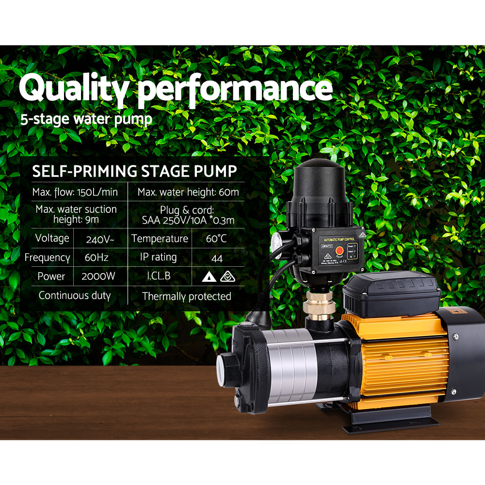 Garden Water Pump High Pressure 2000W Multi Stage Tank Rain Irrigation Black