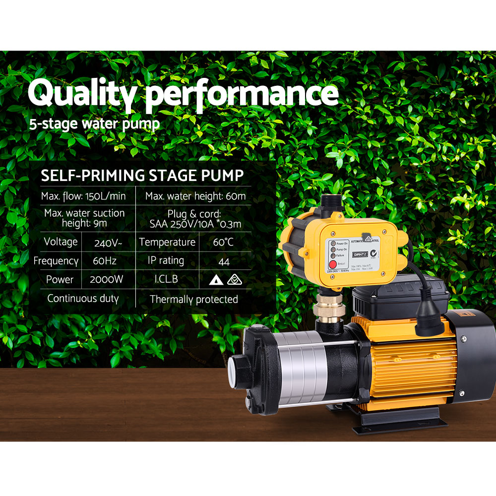 Garden Water Pump High Pressure 2000W Multi Stage Tank Rain Irrigation Yellow